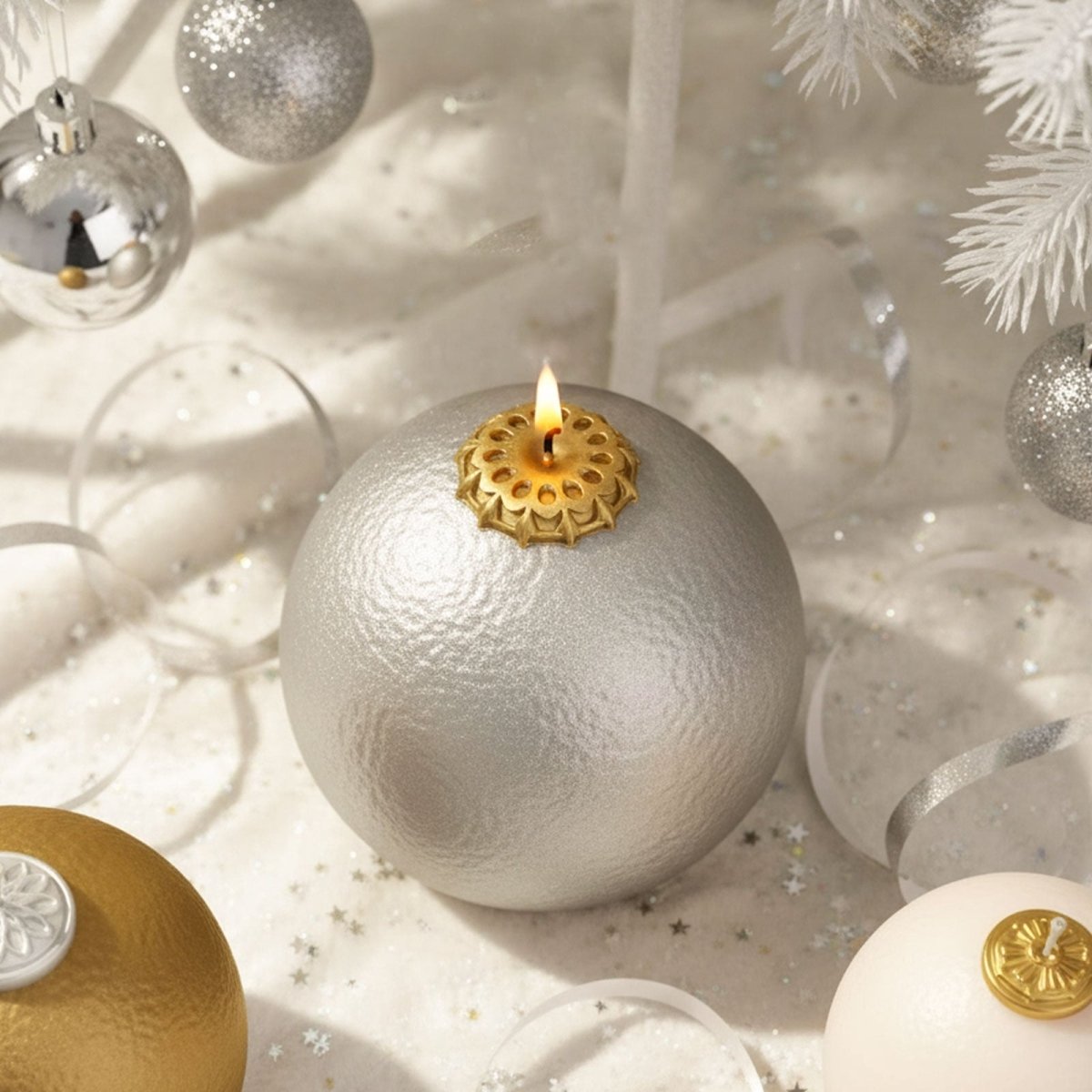 Vintage hammered texture Christmas bauble silicone candle mold with ornament cap details. — view 3