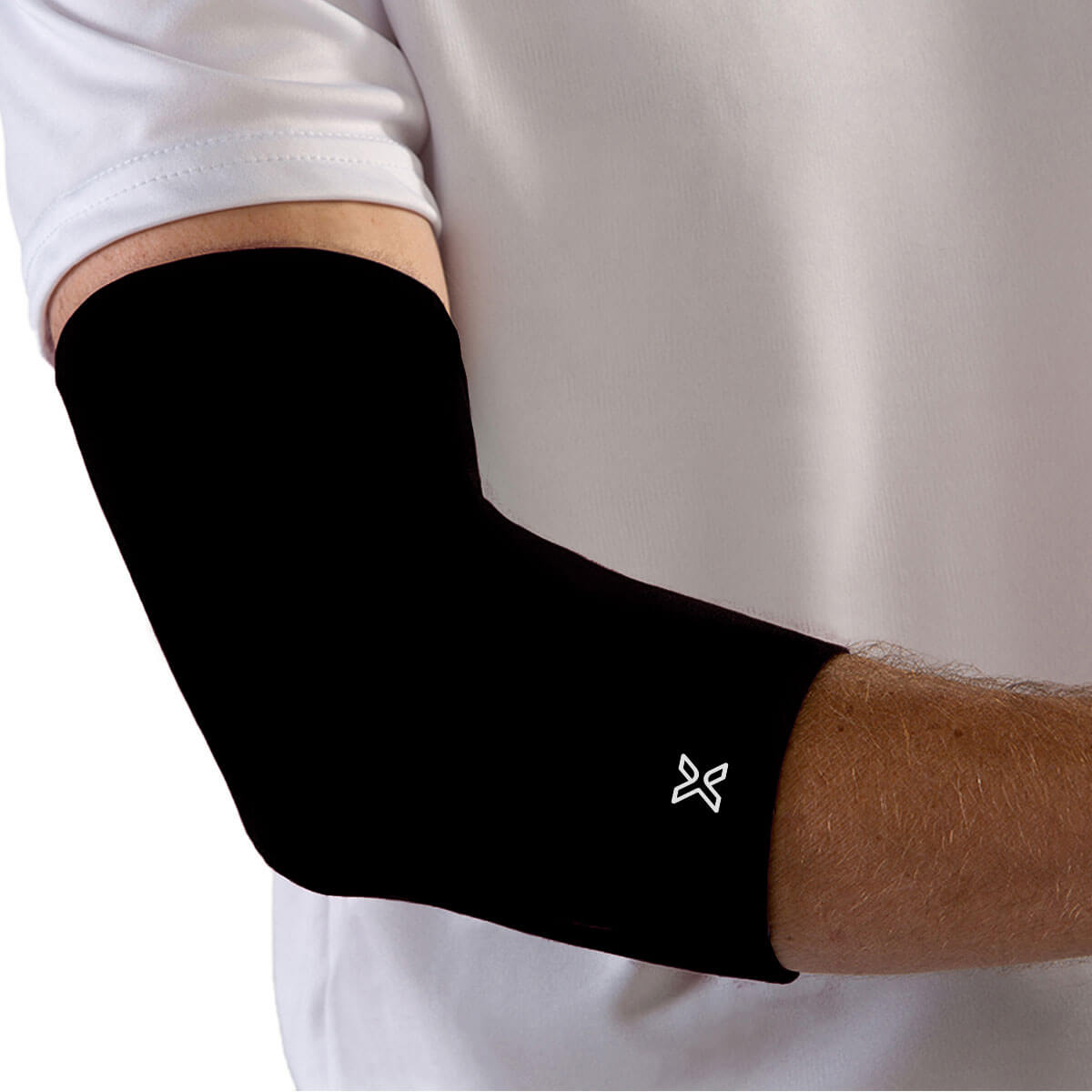 Full elbow compression sleeve made of stretch fabric for joint support and athletic injury recovery