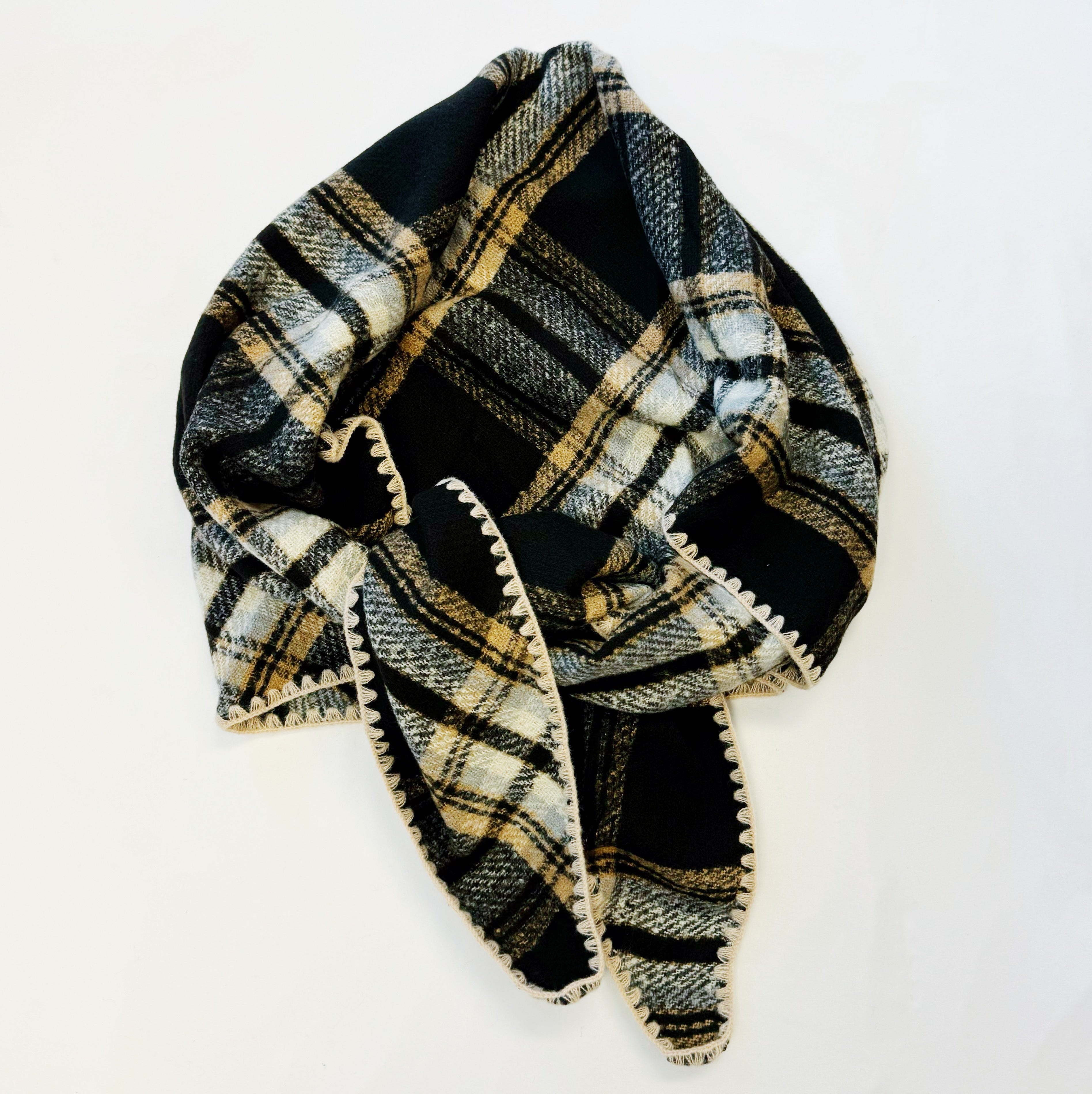 Preciously stitched triangle shawl scarf in plaid pattern with neutral colors and vibrant accents — view 4