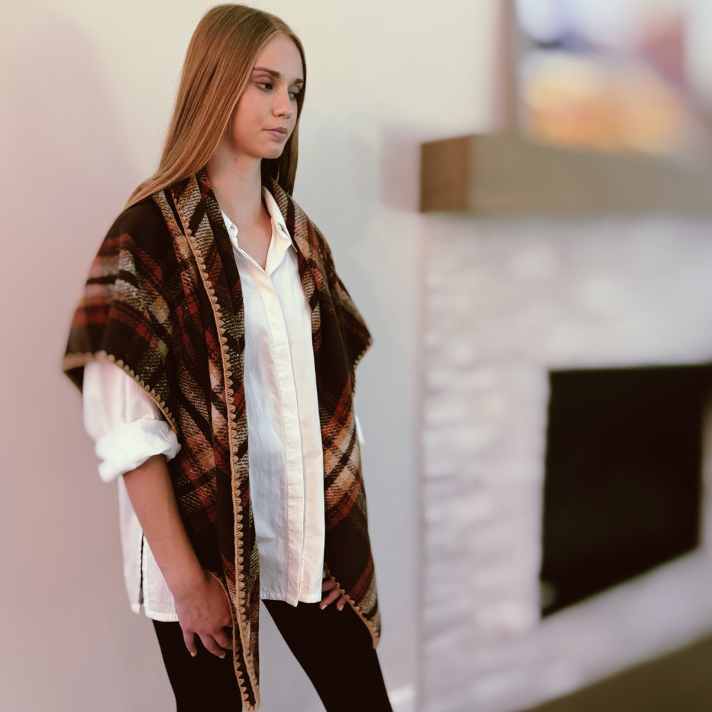 Preciously stitched triangle shawl scarf in plaid pattern with neutral colors and vibrant accents — view 2