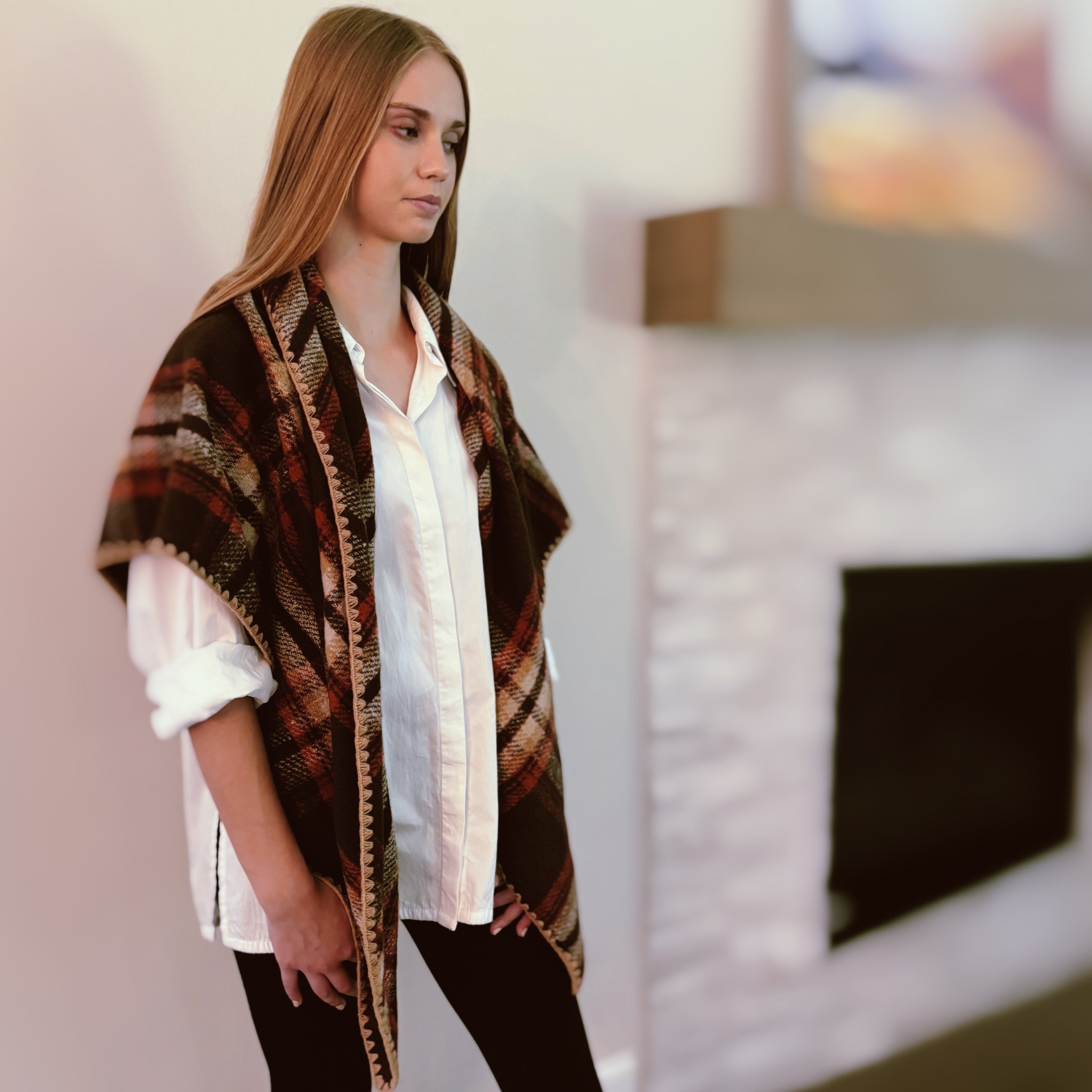 Preciously stitched triangle shawl scarf in plaid pattern with neutral colors and vibrant accents — view 2