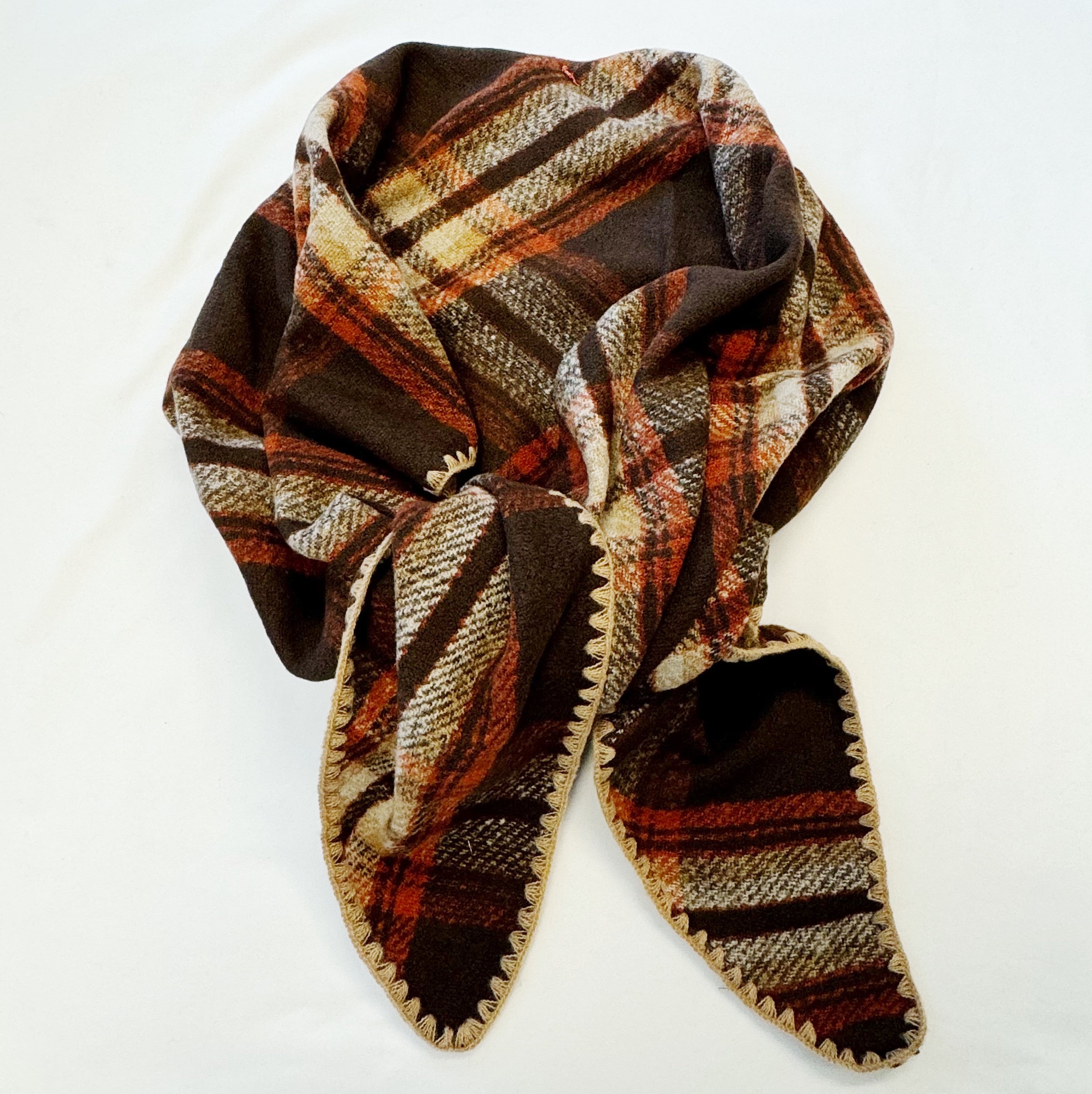 Preciously stitched triangle shawl scarf in plaid pattern with neutral colors and vibrant accents — view 5