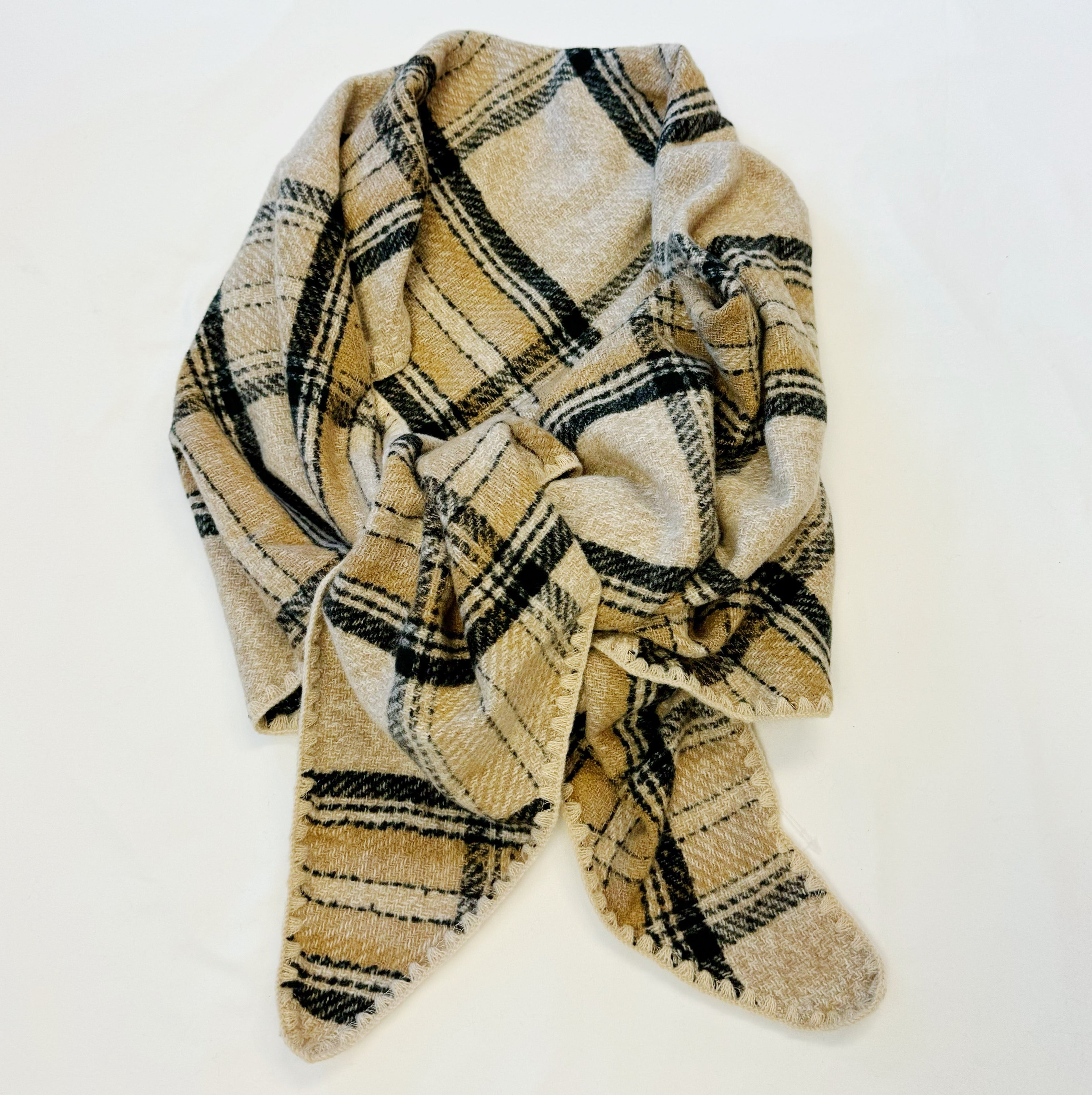 Preciously stitched triangle shawl scarf in plaid pattern with neutral colors and vibrant accents — view 3