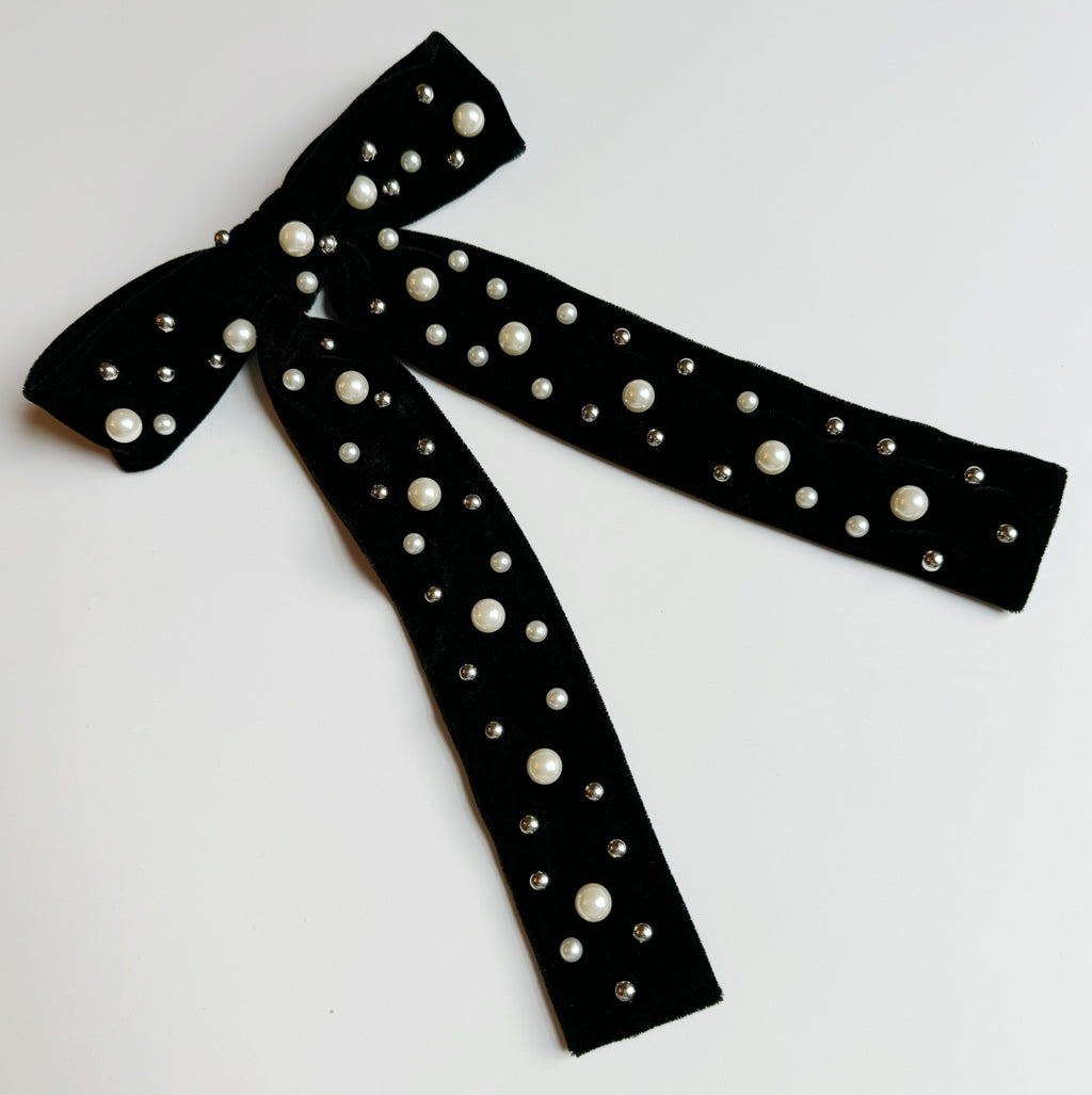 Pearl velvet bow hair clip with an elegant oversized design and secure clasp for styling. — view 2