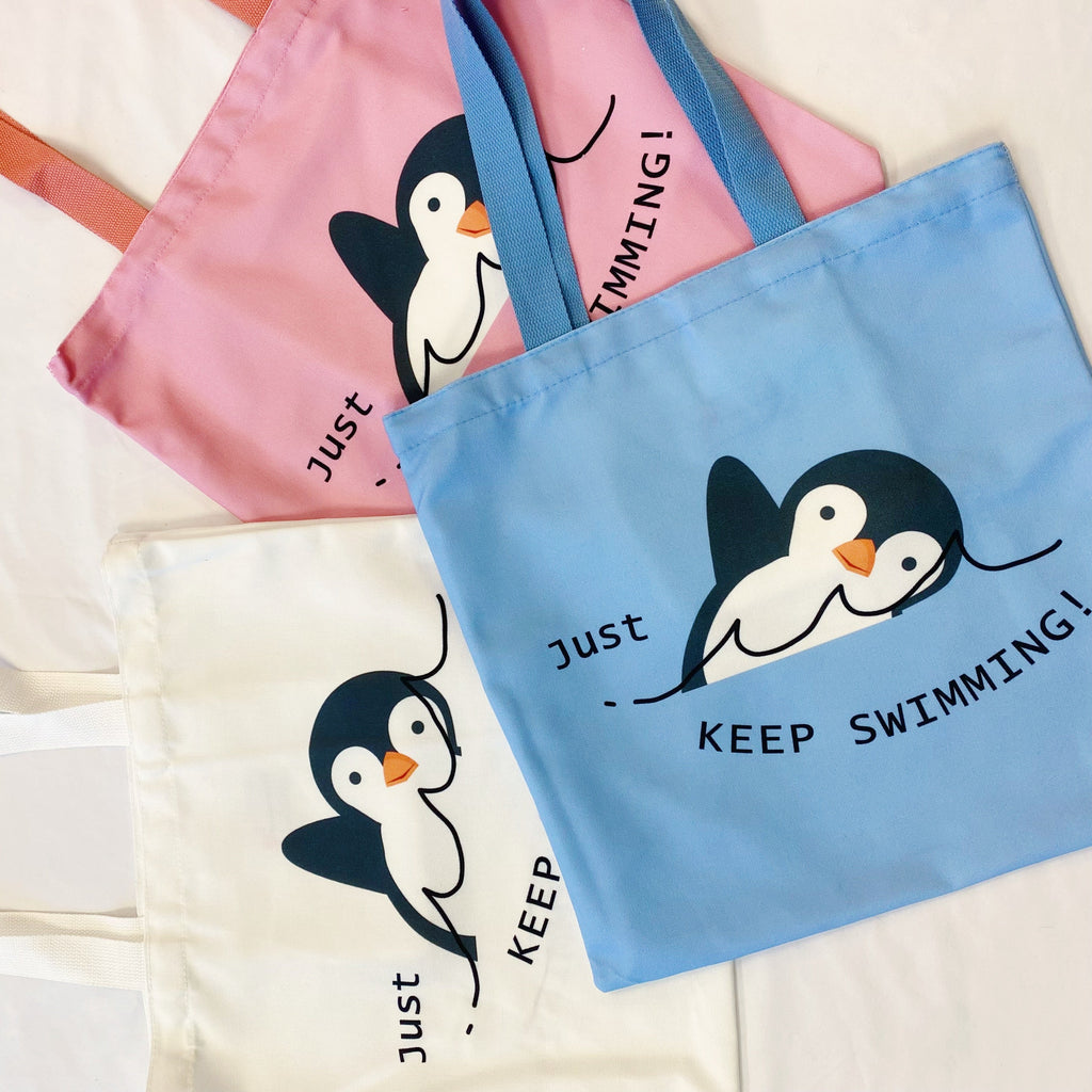 Just keep swimming eco bag, reusable canvas tote with shoulder straps and interior pocket