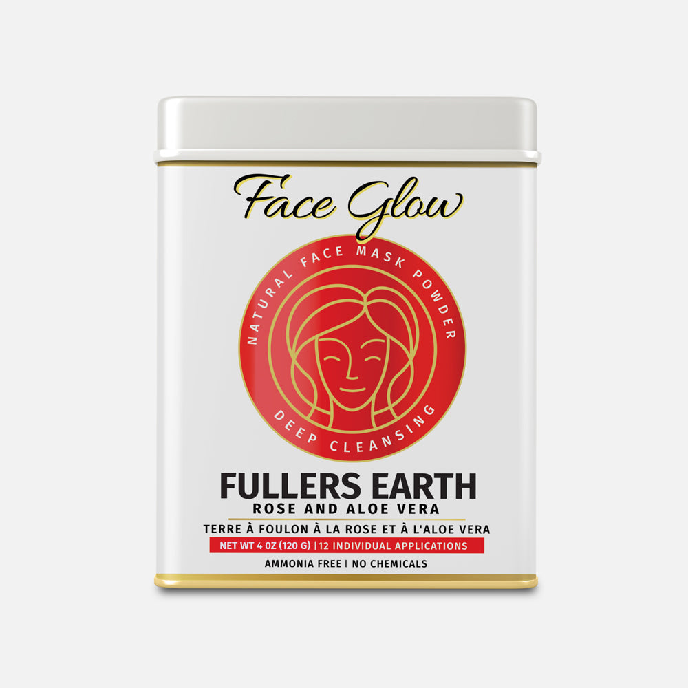 Fuller's Earth face mask powder sachets with reusable applicator brush and preparation tray in tin.