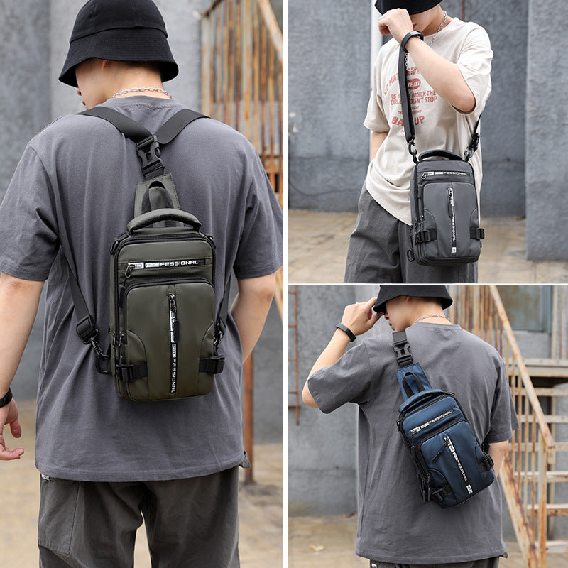 Men's waterproof nylon crossbody sling bag in black with adjustable shoulder strap and multiple storage pockets