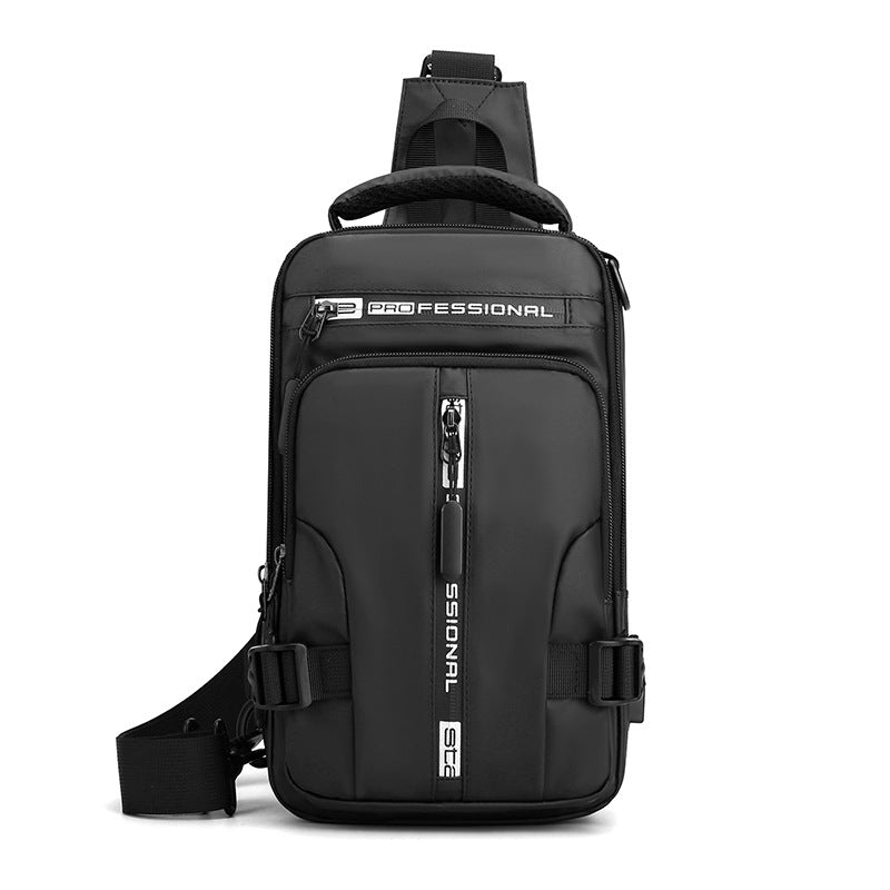 Men's waterproof nylon crossbody sling bag in black with adjustable shoulder strap and multiple storage pockets — view 2