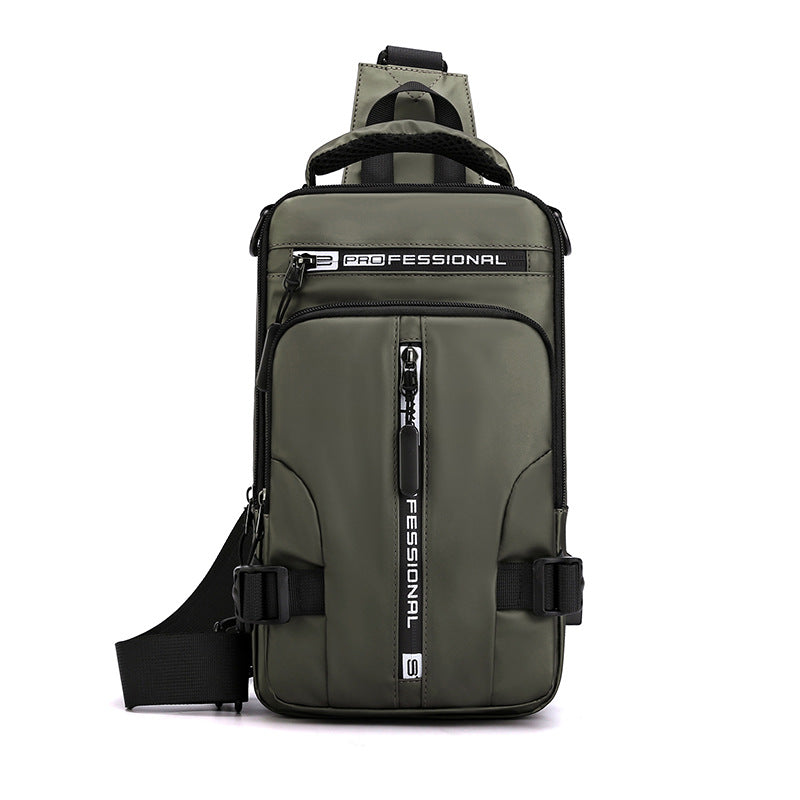 Men's waterproof nylon crossbody sling bag in black with adjustable shoulder strap and multiple storage pockets — view 3