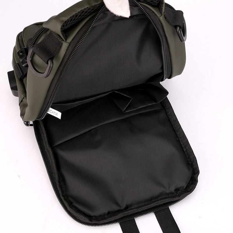 Men's waterproof nylon crossbody sling bag in black with adjustable shoulder strap and multiple storage pockets — view 4