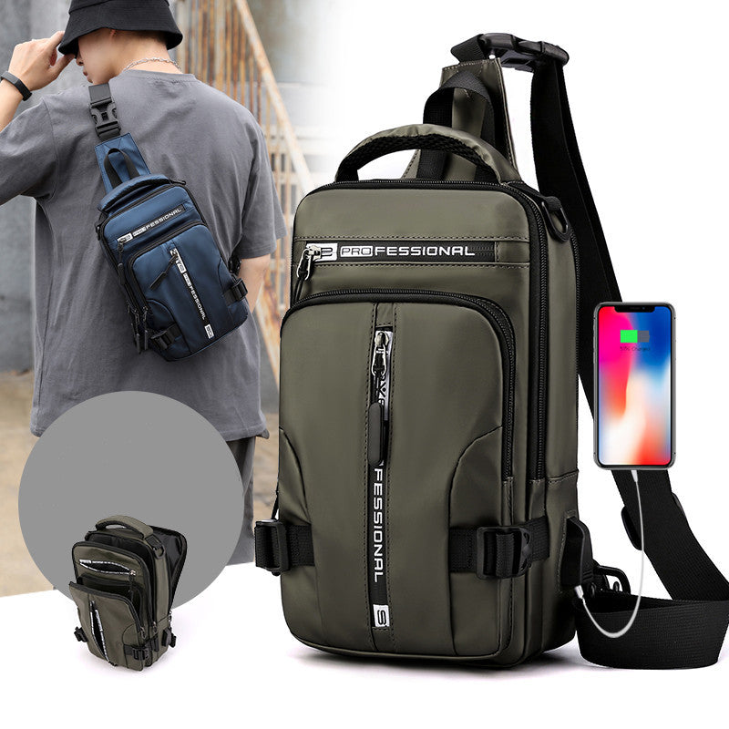 Men's waterproof nylon crossbody sling bag in black with adjustable shoulder strap and multiple storage pockets — view 5