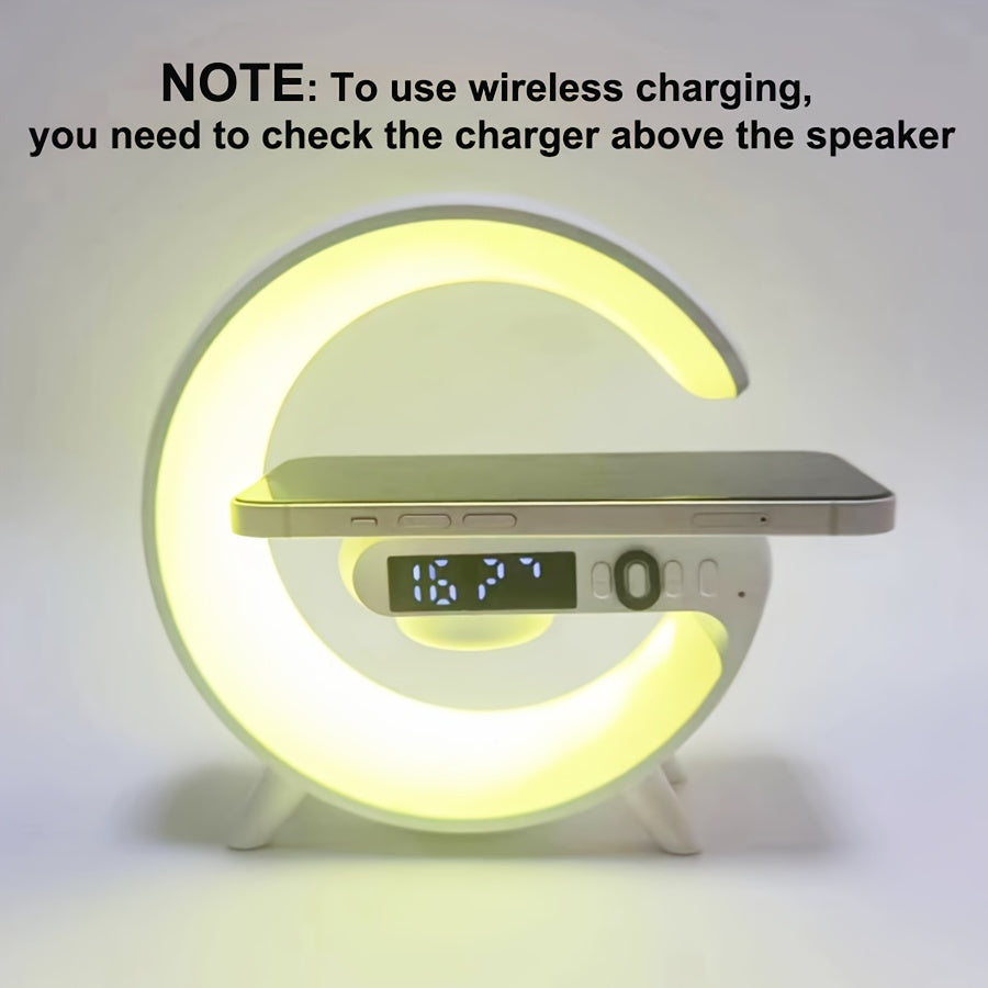 G-shaped wireless charger station with glowing RGB night light and built-in Bluetooth speaker