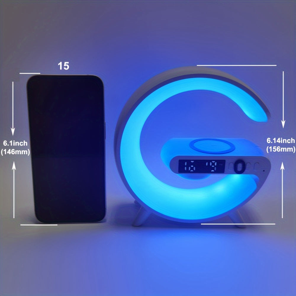 G-shaped wireless charger station with glowing RGB night light and built-in Bluetooth speaker — view 2