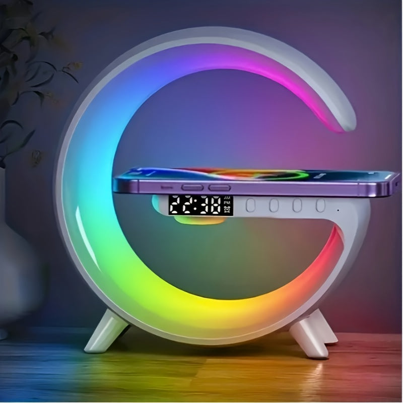 G-shaped wireless charger station with glowing RGB night light and built-in Bluetooth speaker — view 3
