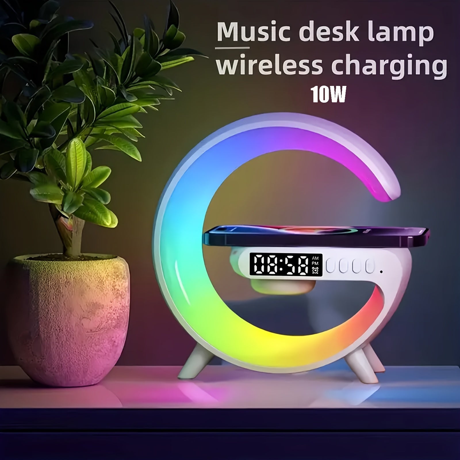 G-shaped wireless charger station with glowing RGB night light and built-in Bluetooth speaker — view 4