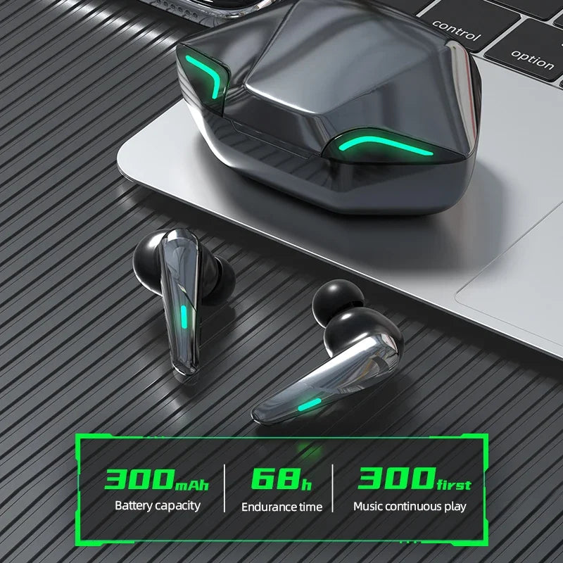 Black wireless Bluetooth gaming earbuds with charging case and built-in microphone for high fidelity audio — view 4