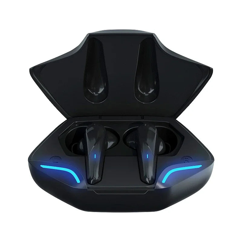 Black wireless Bluetooth gaming earbuds with charging case and built-in microphone for high fidelity audio