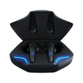 Black wireless Bluetooth gaming earbuds with charging case and built-in microphone for high fidelity audio