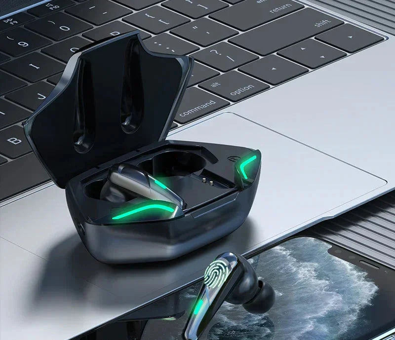 Black wireless Bluetooth gaming earbuds with charging case and built-in microphone for high fidelity audio — view 3