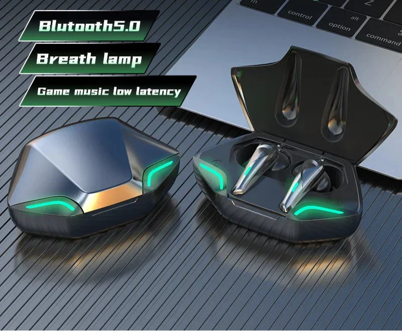 Black wireless Bluetooth gaming earbuds with charging case and built-in microphone for high fidelity audio — view 2