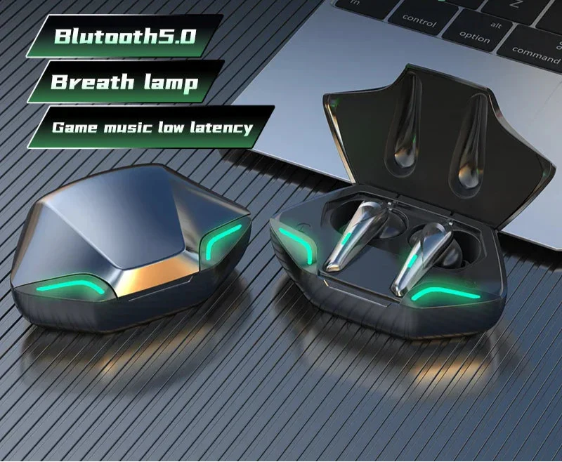 Black wireless bluetooth gaming earbuds in a sleek rechargeable case with ergonomic silicone tips — view 2