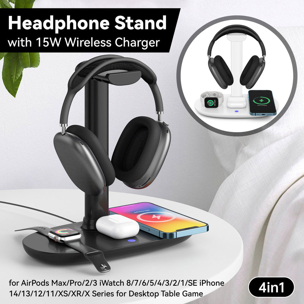 Black minimalist 15W wireless charging headphone stand with smart devices on a modern desk setup