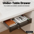 Under table hidden drawer desk organizer in black plastic mounted beneath a wooden tabletop workspace