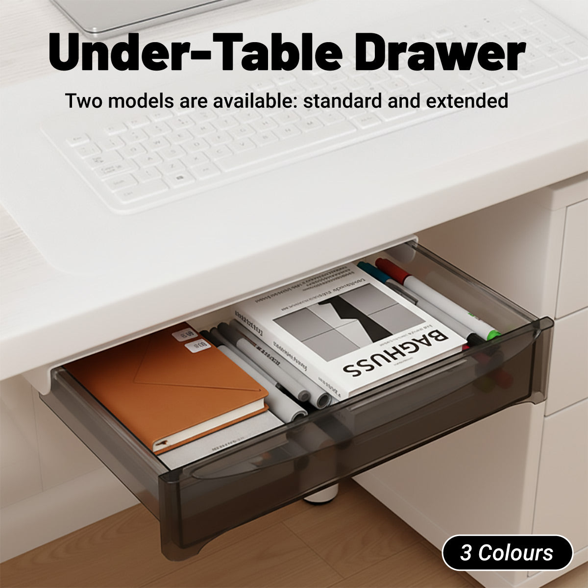 Under table hidden drawer desk organizer in black plastic mounted beneath a wooden tabletop workspace