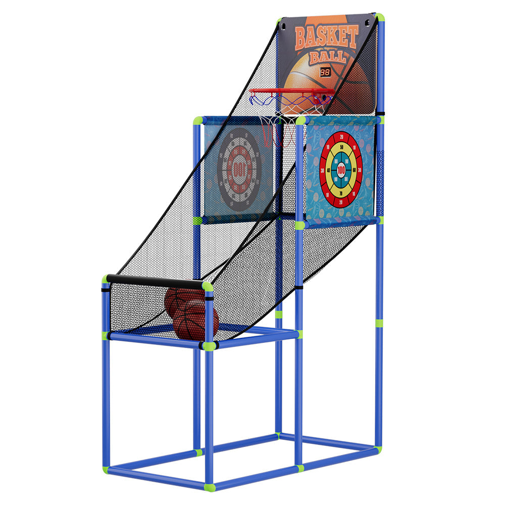 Blue electronic indoor kids basketball arcade game with adjustable height hoop and ball return net