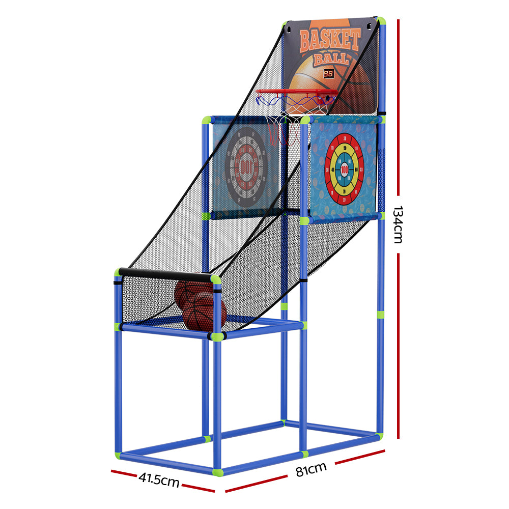 Blue electronic indoor kids basketball arcade game with adjustable height hoop and ball return net — view 2