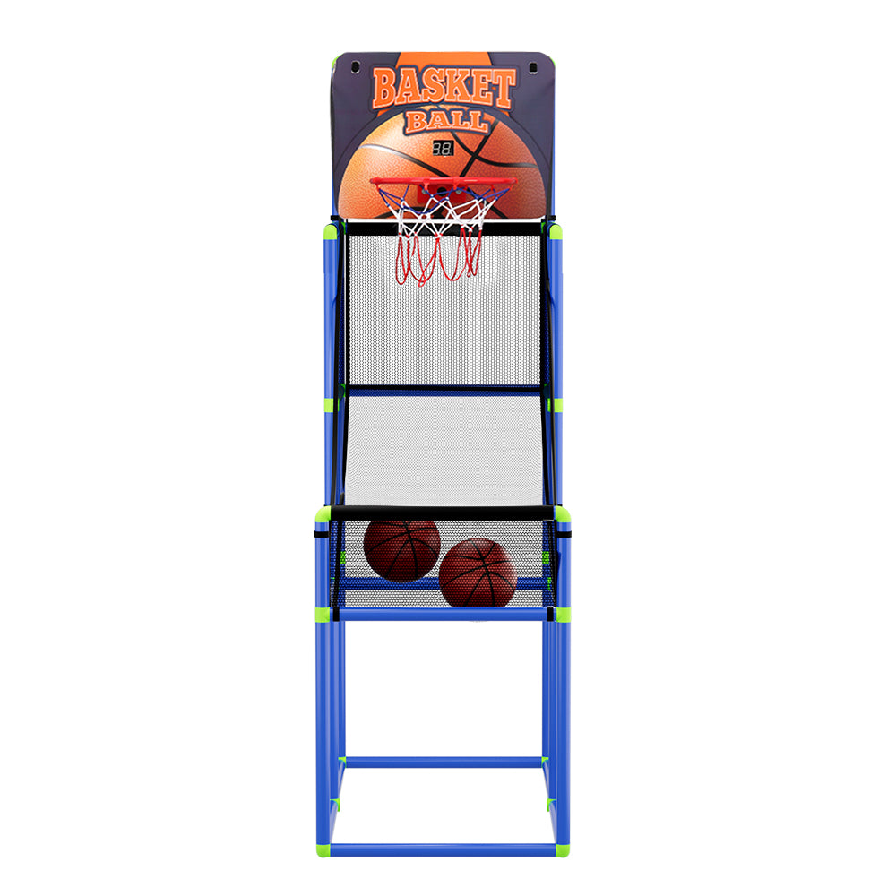 Blue electronic indoor kids basketball arcade game with adjustable height hoop and ball return net — view 3