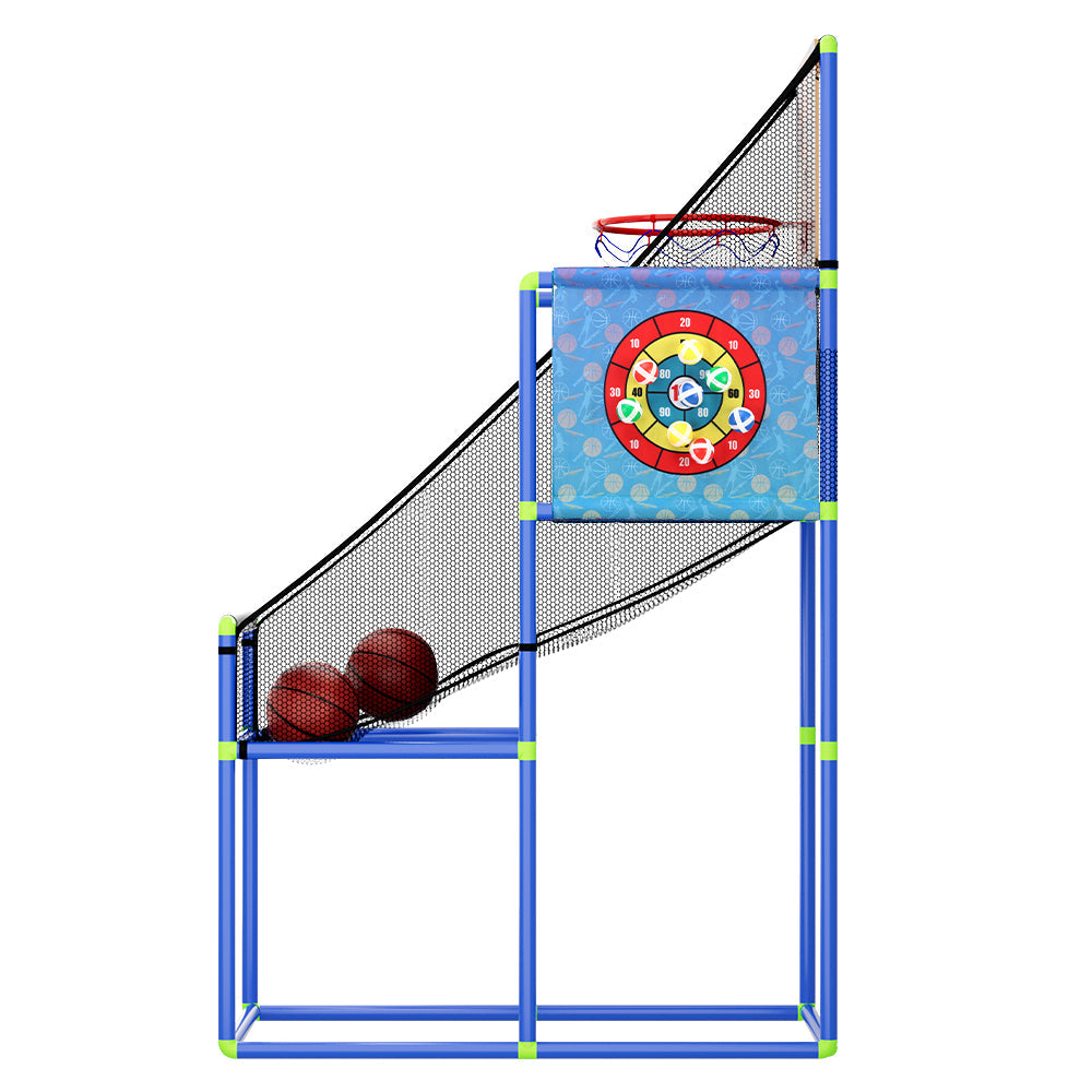 Blue electronic indoor kids basketball arcade game with adjustable height hoop and ball return net — view 4