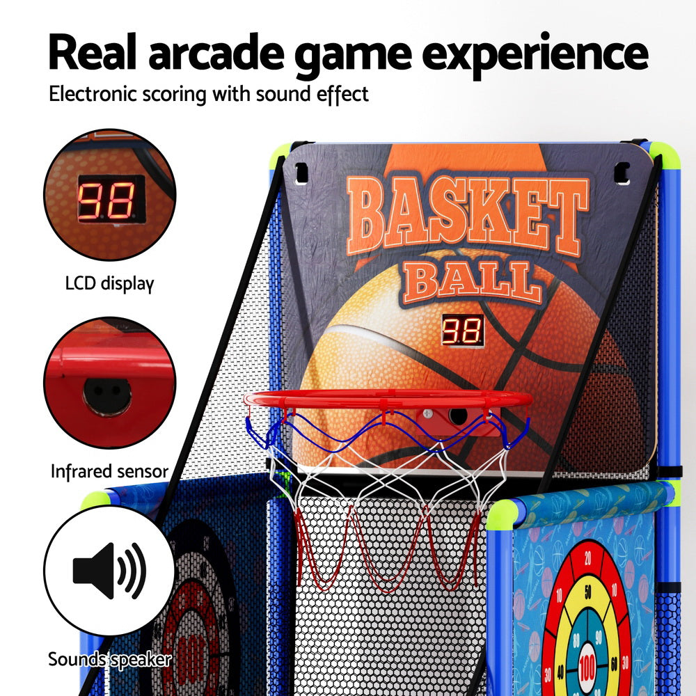 Blue electronic indoor kids basketball arcade game with adjustable height hoop and ball return net — view 5