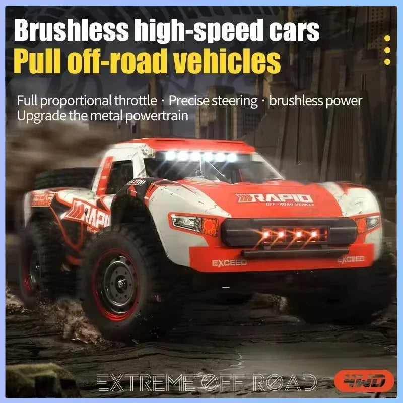 1:16 high-speed brushless RC car with durable metal and PVC frame in dynamic action — view 3