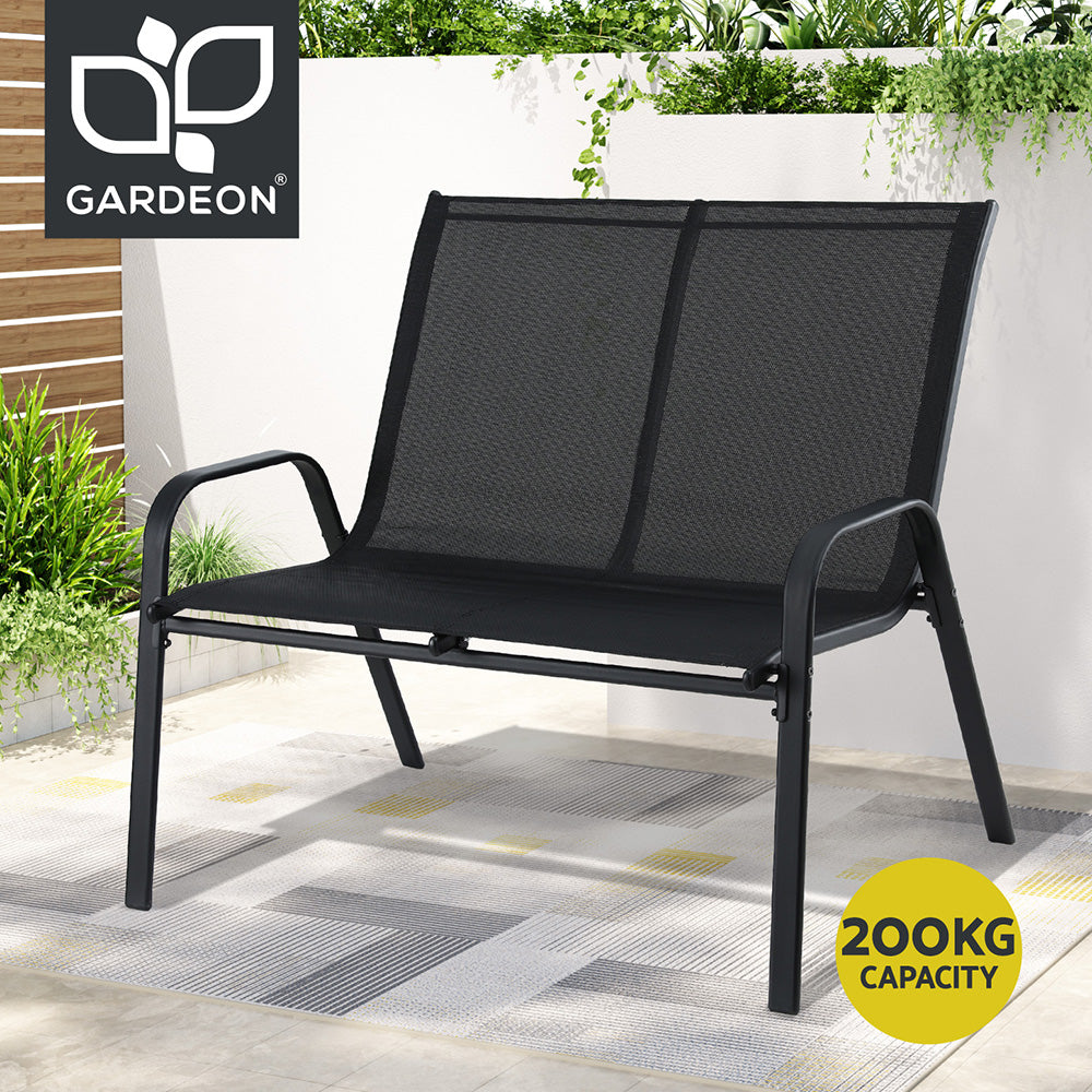 Black two seater outdoor garden bench made of steel and textilene fabric