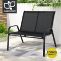Black two seater outdoor garden bench made of steel and textilene fabric
