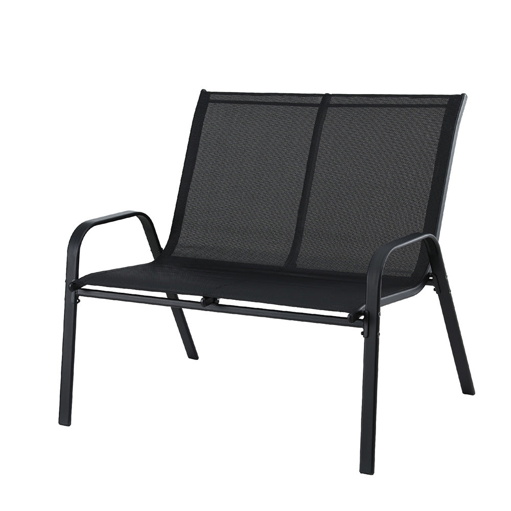 Black two seater outdoor garden bench made of steel and textilene fabric — view 2