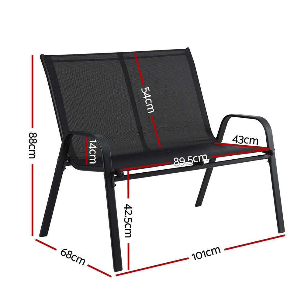 Black two seater outdoor garden bench made of steel and textilene fabric — view 3