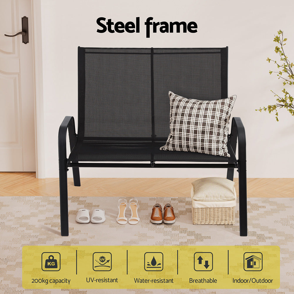Black two seater outdoor garden bench made of steel and textilene fabric — view 5