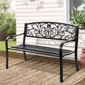 Black vintage three-seater outdoor garden bench with cast iron backrest and powder-coated steel frame.