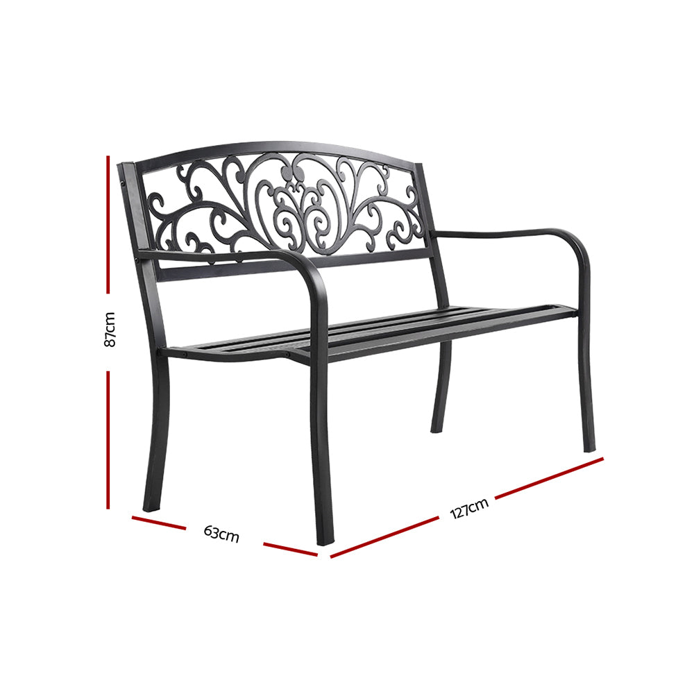 Black vintage three-seater outdoor garden bench with cast iron backrest and powder-coated steel frame. — view 2