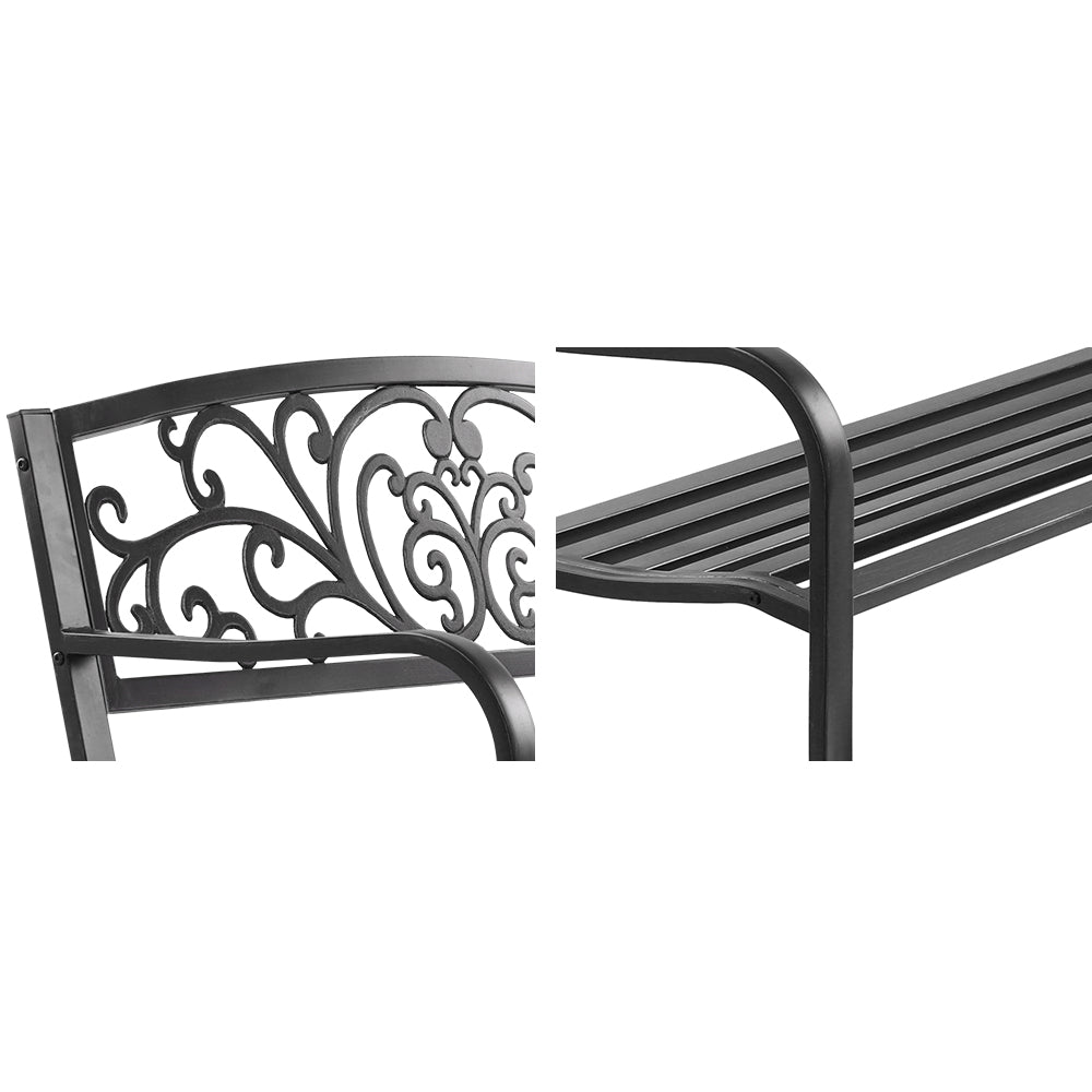 Black vintage three-seater outdoor garden bench with cast iron backrest and powder-coated steel frame. — view 3