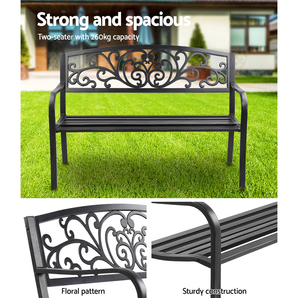 Black vintage three-seater outdoor garden bench with cast iron backrest and powder-coated steel frame. — view 5