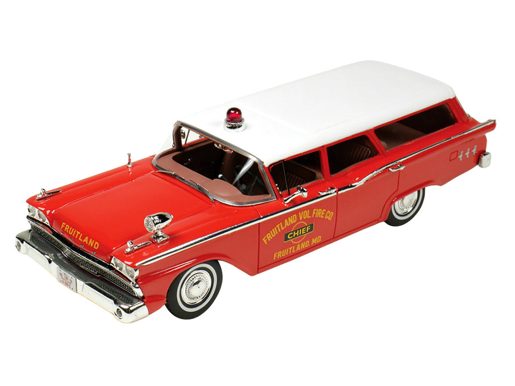 Red and white 1959 Ford Country Squire Fruitland Fire Chief scale resin model car — view 2