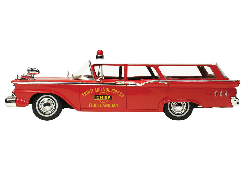 Red and white 1959 Ford Country Squire Fruitland Fire Chief scale resin model car — view 3