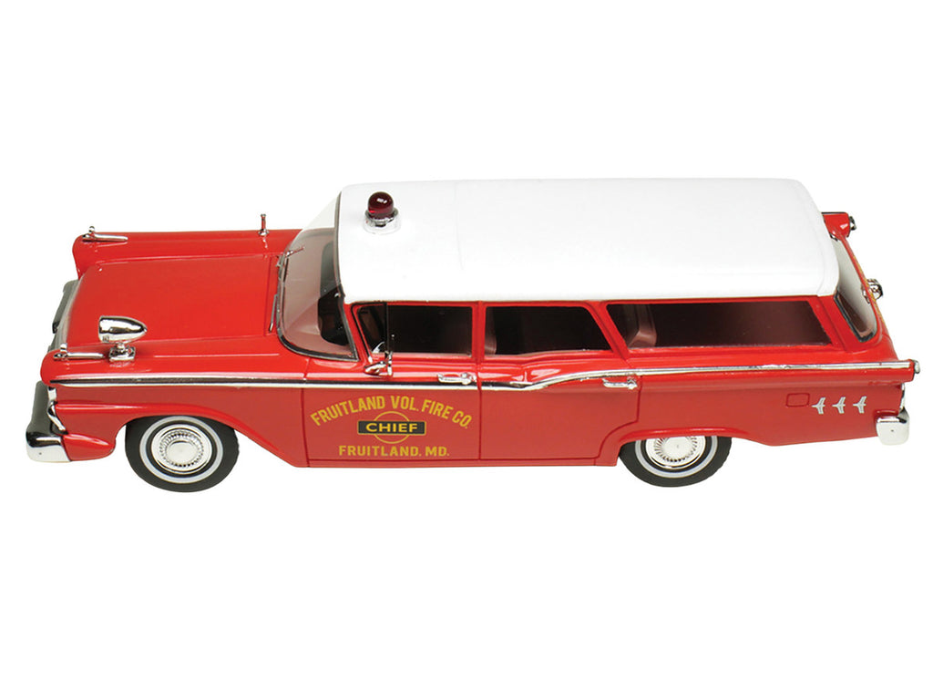 Red and white 1959 Ford Country Squire Fruitland Fire Chief scale resin model car — view 4