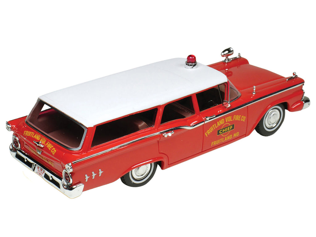 Red and white 1959 Ford Country Squire Fruitland Fire Chief scale resin model car — view 5