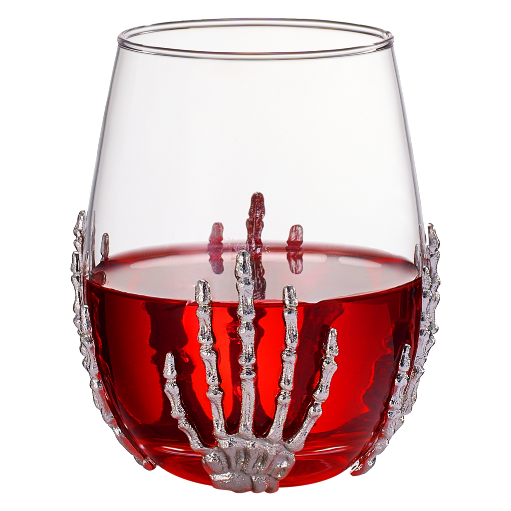 Clear 17oz stemless wine glass featuring a silver skeleton hand and red blood drip detailing