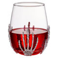 Clear 17oz stemless wine glass featuring a silver skeleton hand and red blood drip detailing