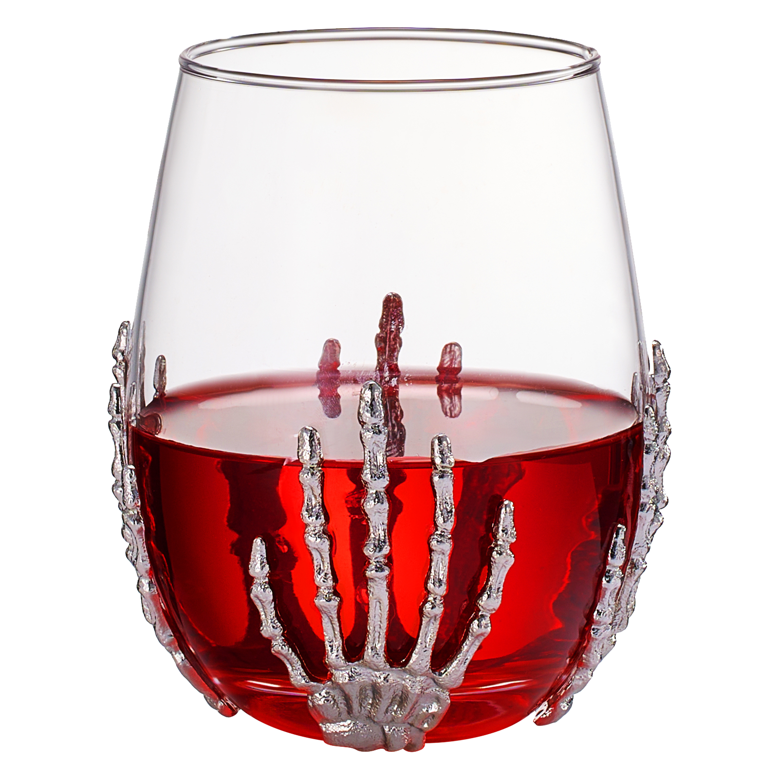 Clear 17oz stemless wine glass featuring a silver skeleton hand and red blood drip detailing